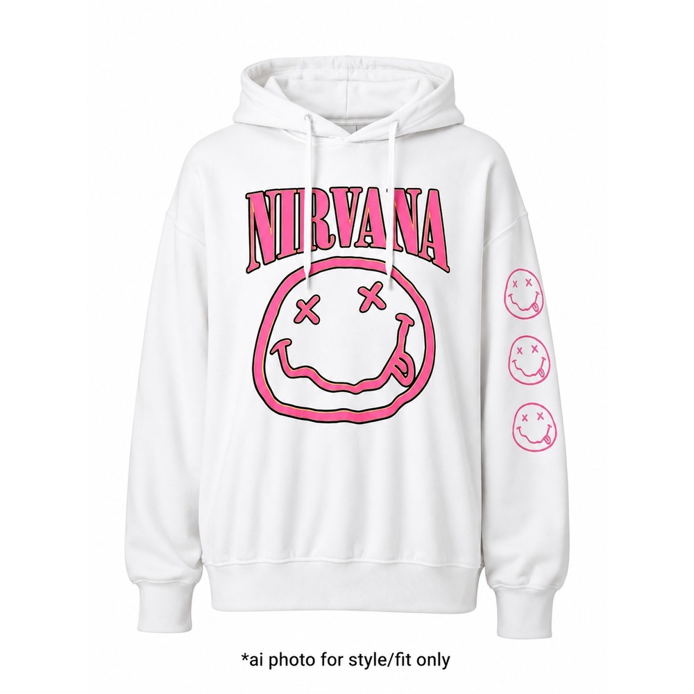 H&M Nirvana Womens Hoodie White Pink Smiley Face Graphic Cotton Blend Fleece L